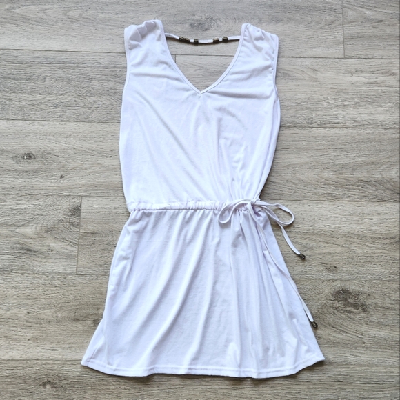 Hount White Dress Beach Coverup Womens Small Beaded Pull Tie Sleeveless Beach - Picture 1 of 12
